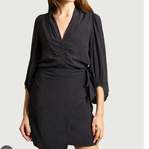 Soeur Black Ruched V Neck Wrap Style Midi Dress Size‎ 36